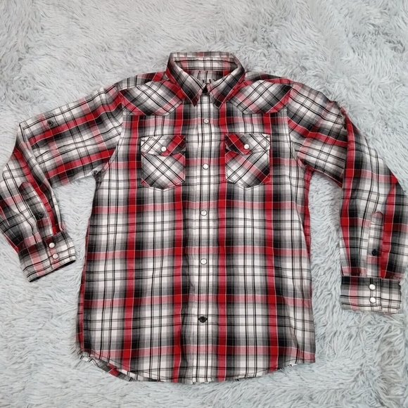 Helix Boys Western Shirt Red Medium Pearl Snap Up Pockets Rancher Chore - Picture 1 of 12